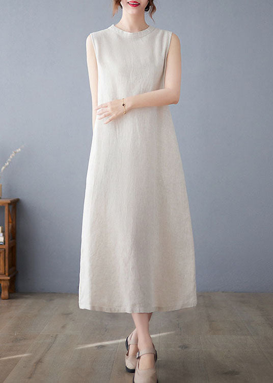 Boutique Beige O Neck Pockets Patchwork Cotton Dresses Sleeveless LC0441 - fabuloryshop