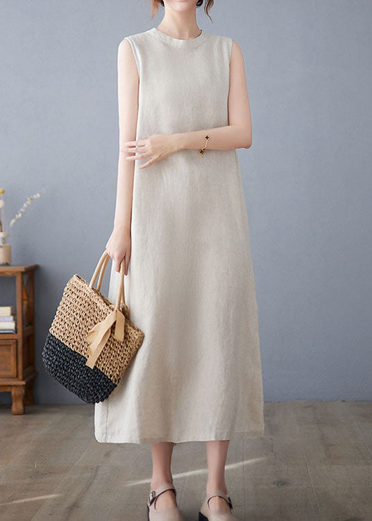 Boutique Beige O Neck Pockets Patchwork Cotton Dresses Sleeveless LC0441 - fabuloryshop