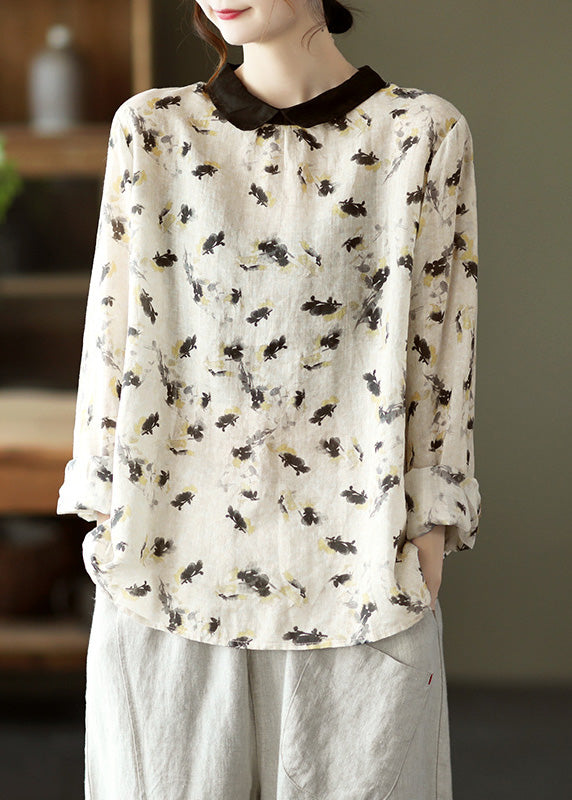 Boutique Beige Peter Pan Collar Ramie Shirt Spring LY5032 - fabuloryshop