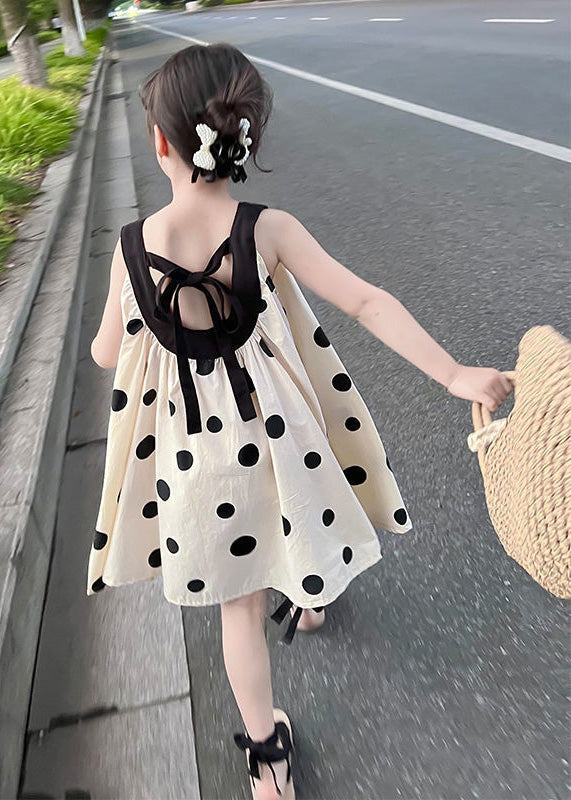 Boutique Beige Print Wrinkled Cotton Kids Spaghetti Strap Mid Dress Summer LY6446 - fabuloryshop