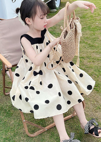 Boutique Beige Print Wrinkled Cotton Kids Spaghetti Strap Mid Dress Summer LY6446 - fabuloryshop