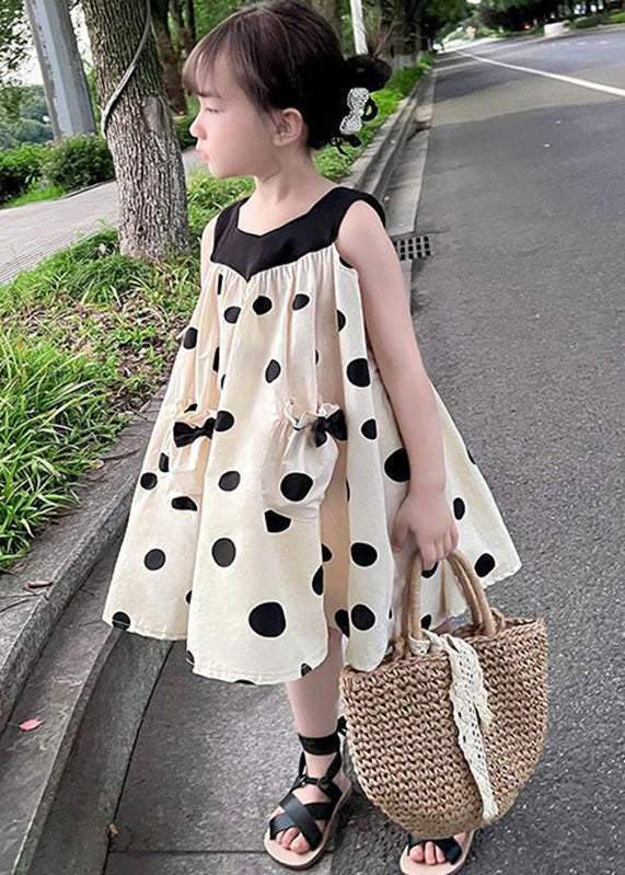 Boutique Beige Print Wrinkled Cotton Kids Spaghetti Strap Mid Dress Summer LY6446 - fabuloryshop