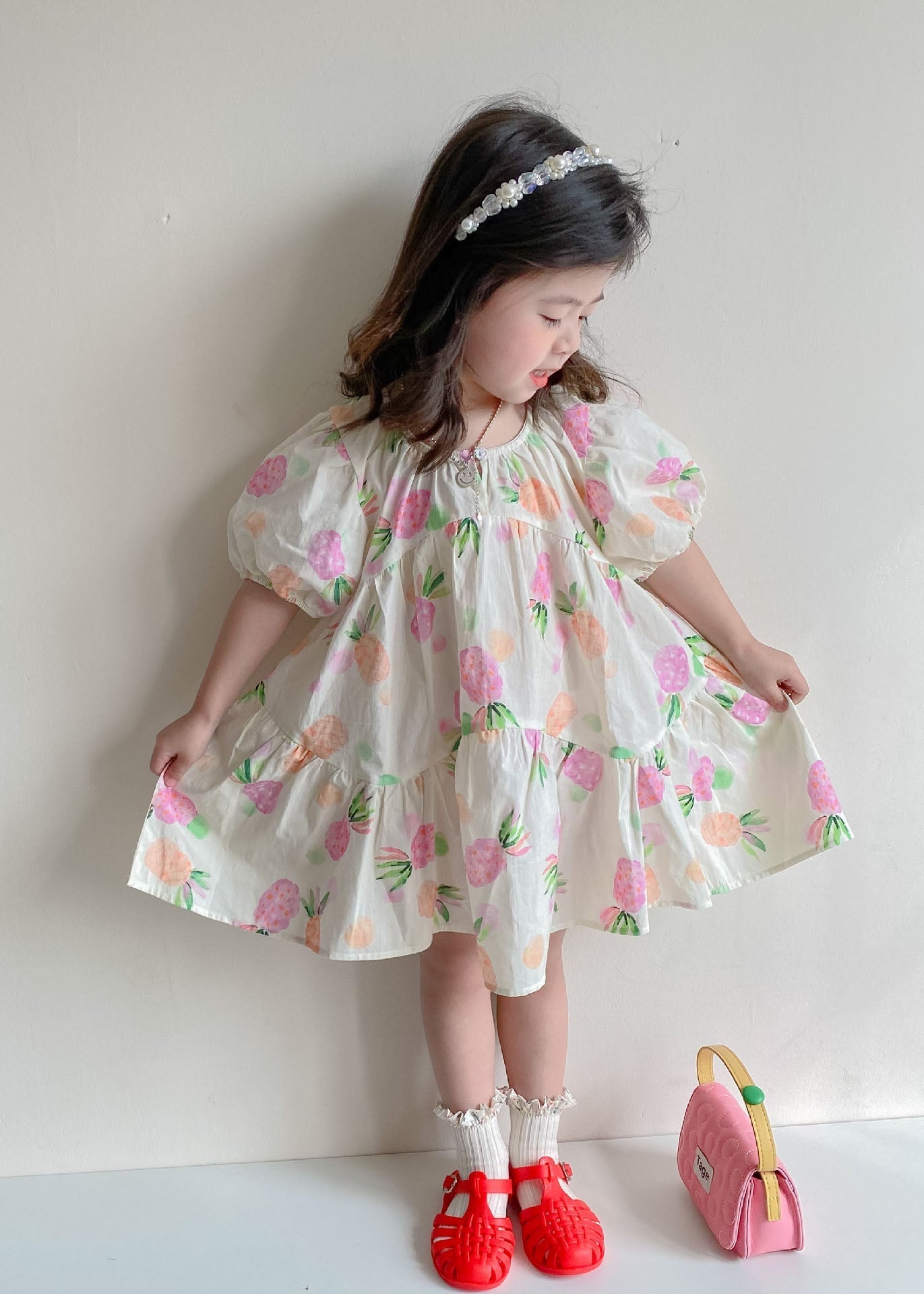 Boutique Beige Print Wrinkled Patchwork Cotton Kids Girls Dresses Summer LY5524 - fabuloryshop