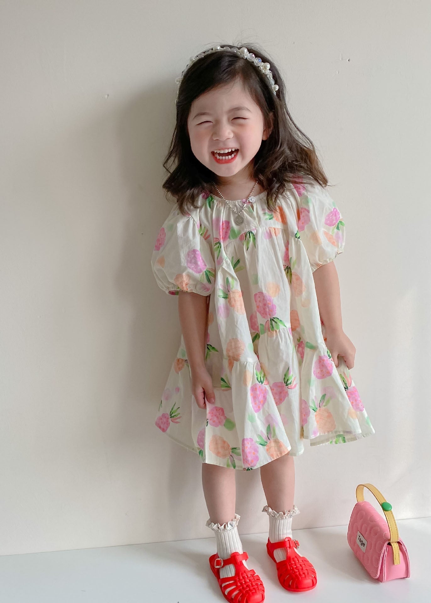 Boutique Beige Print Wrinkled Patchwork Cotton Kids Girls Dresses Summer LY5524 - fabuloryshop