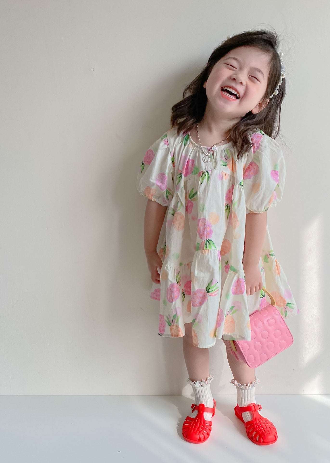 Boutique Beige Print Wrinkled Patchwork Cotton Kids Girls Dresses Summer LY5524 - fabuloryshop
