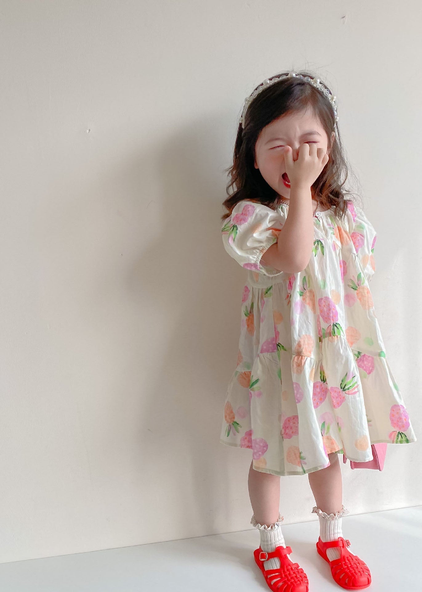 Boutique Beige Print Wrinkled Patchwork Cotton Kids Girls Dresses Summer LY5524 - fabuloryshop