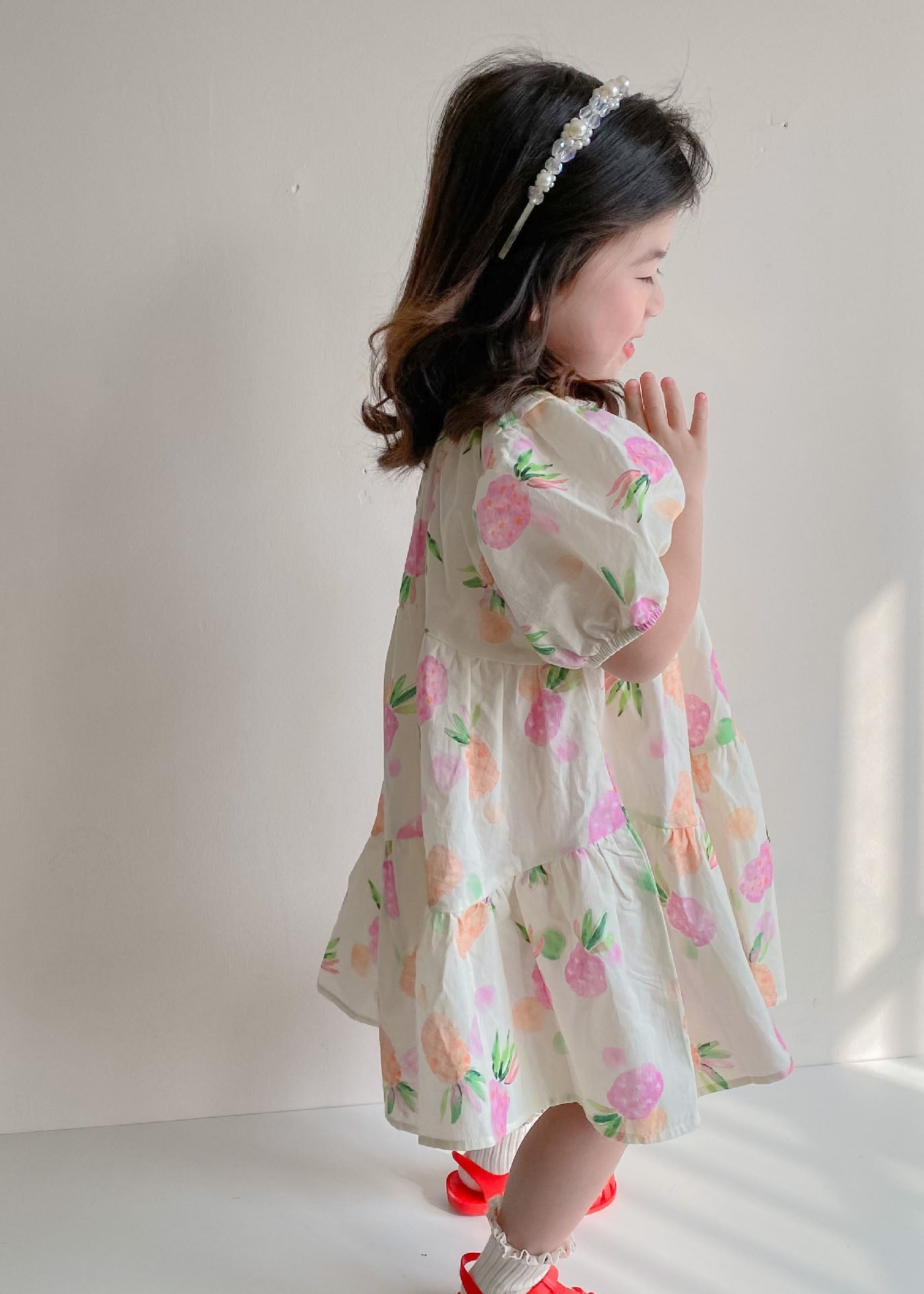 Boutique Beige Print Wrinkled Patchwork Cotton Kids Girls Dresses Summer LY5524 - fabuloryshop