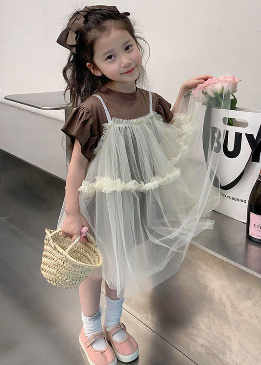 Boutique Beige Ruffled Patchwork Tulle Baby Girls Dresses Two Pieces Set Summer LY6530 - fabuloryshop