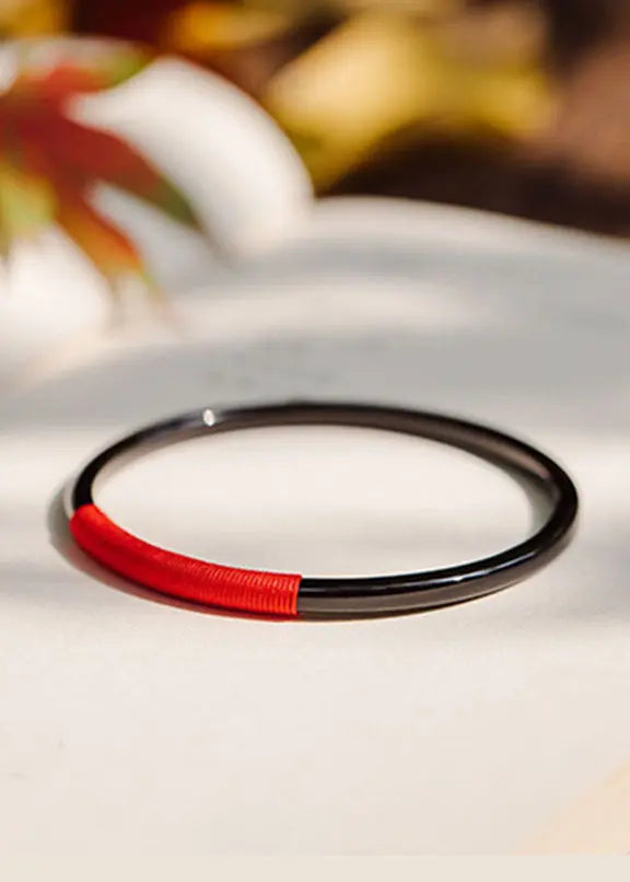 Boutique Black Agate Chalcedony Red Thread Bangle Ada Fashion