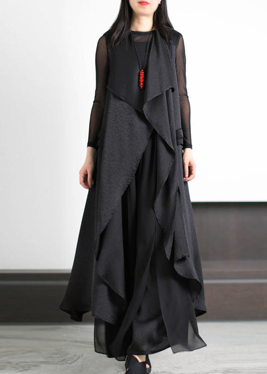 Boutique Black Asymmetrical Patchwork Silk Three Pieces Set Summer LY5178 - fabuloryshop