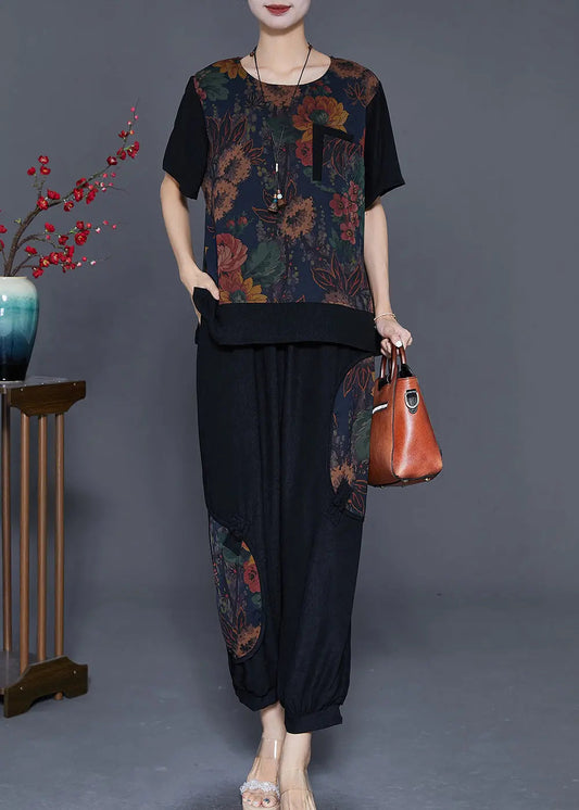 Boutique Black Chinese Button Patchwork Print Silk Two Pieces Set Summer Ada Fashion
