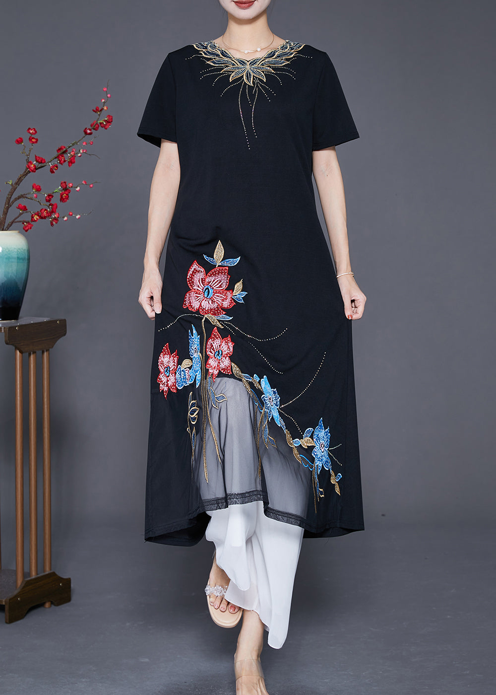 Boutique Black Embroideried Floral Patchwork Tulle Cotton Vacation Dresses Summer Ada Fashion
