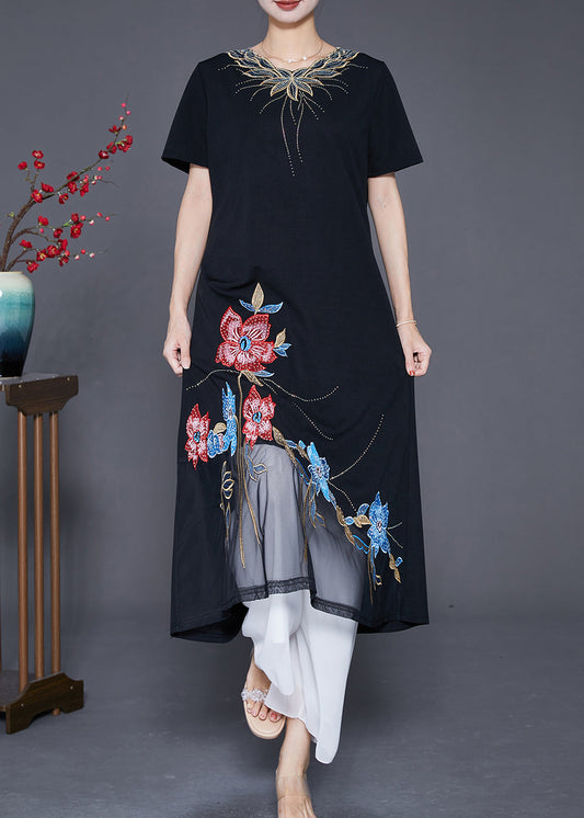 Boutique Black Embroideried Floral Patchwork Tulle Cotton Vacation Dresses Summer Ada Fashion