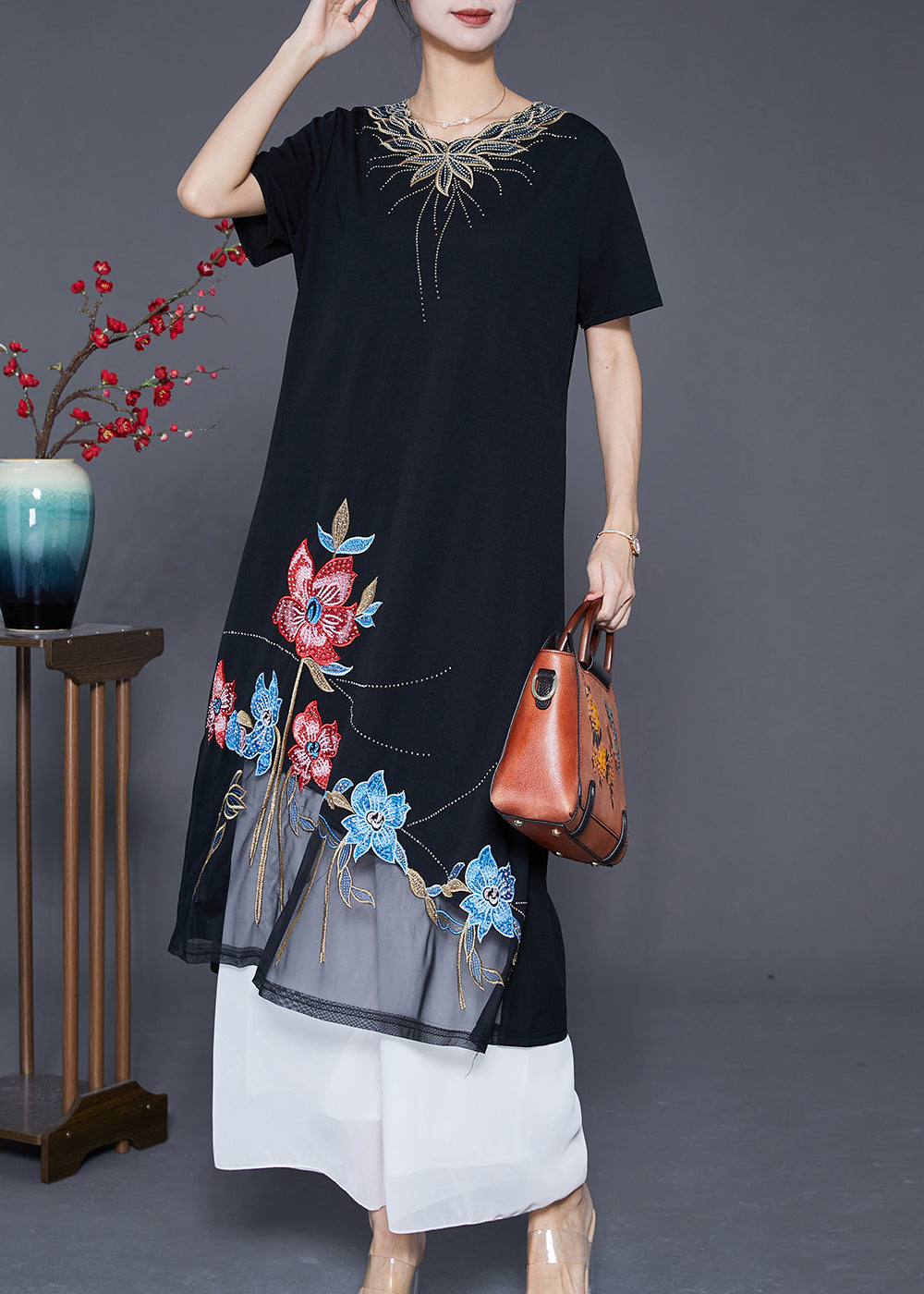 Boutique Black Embroideried Floral Patchwork Tulle Cotton Vacation Dresses Summer Ada Fashion