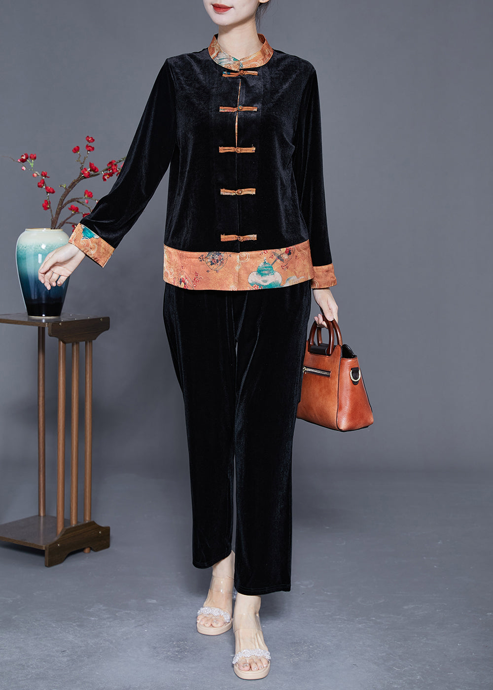 Boutique Black Mandarin Collar Patchwork Oriental Silk Velour Two Pieces Set Fall LY3626 - fabuloryshop