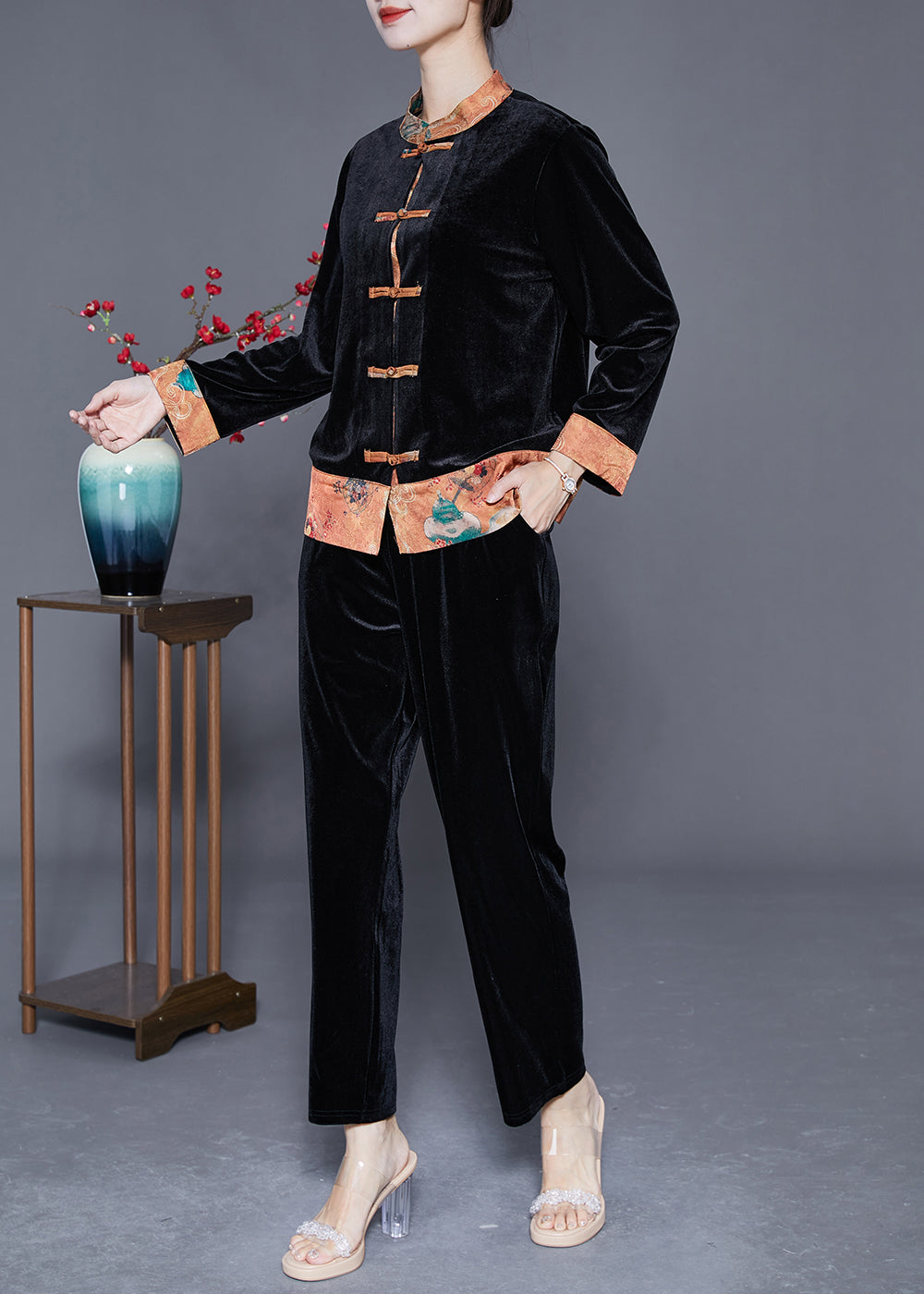 Boutique Black Mandarin Collar Patchwork Oriental Silk Velour Two Pieces Set Fall LY3626 - fabuloryshop