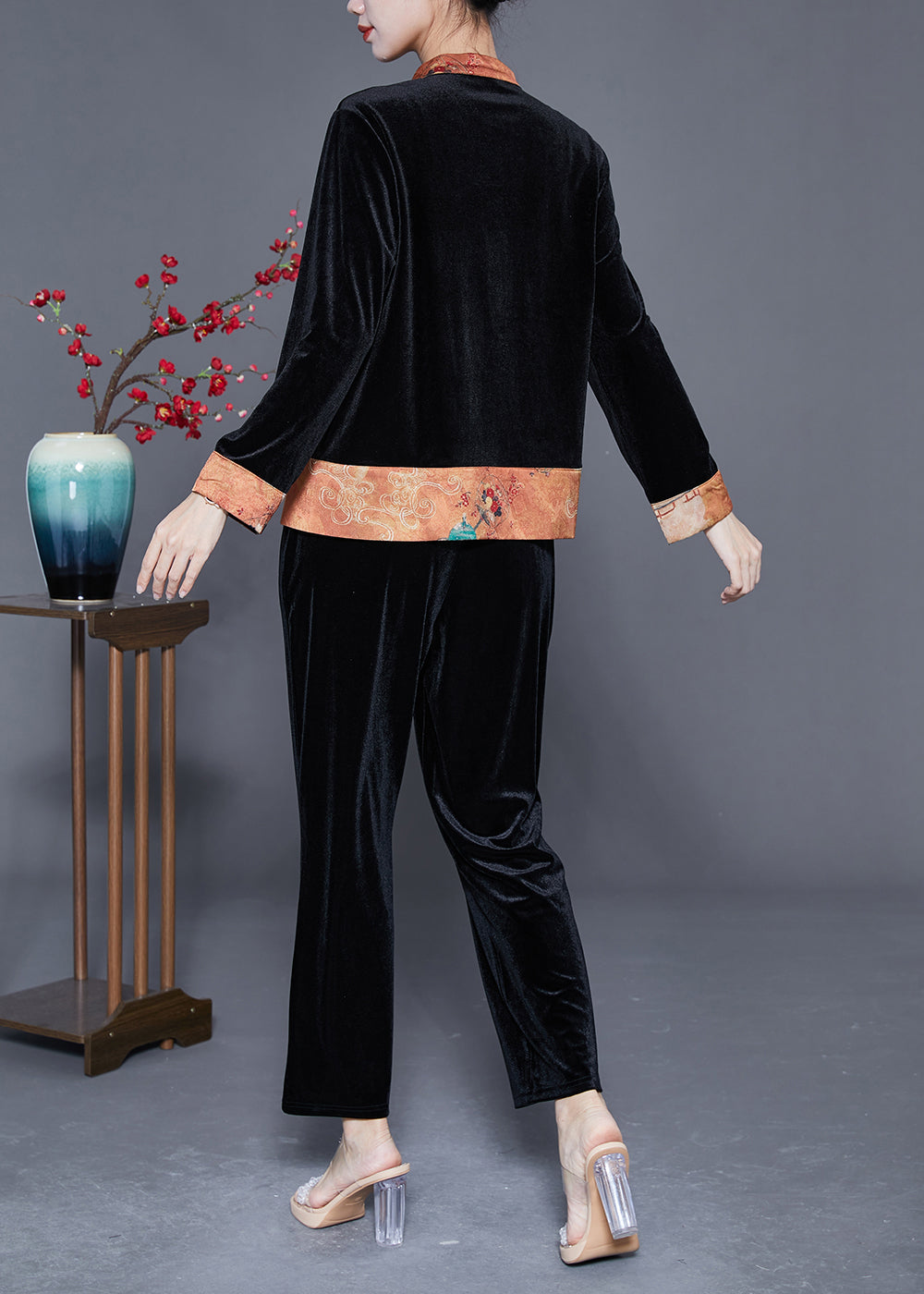 Boutique Black Mandarin Collar Patchwork Oriental Silk Velour Two Pieces Set Fall LY3626 - fabuloryshop