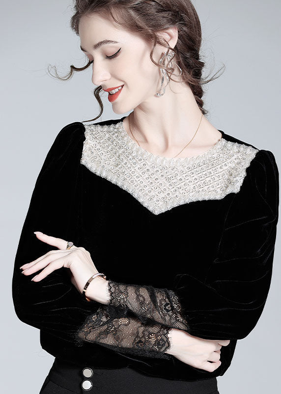 Boutique Black Nail Bead Lace Patchwork Silk Velour Blouse Top Spring LY1022 - fabuloryshop
