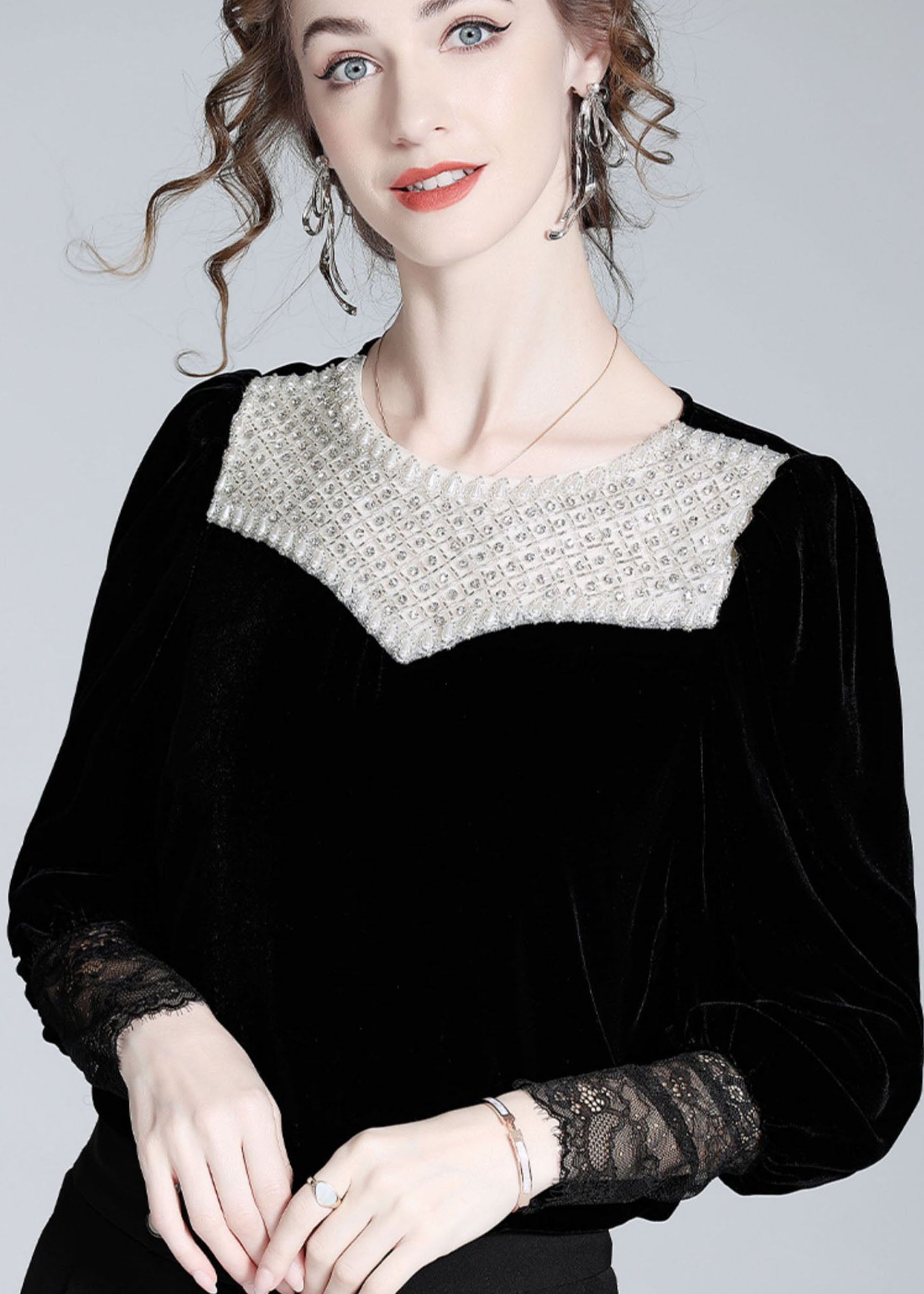 Boutique Black Nail Bead Lace Patchwork Silk Velour Blouse Top Spring LY1022 - fabuloryshop