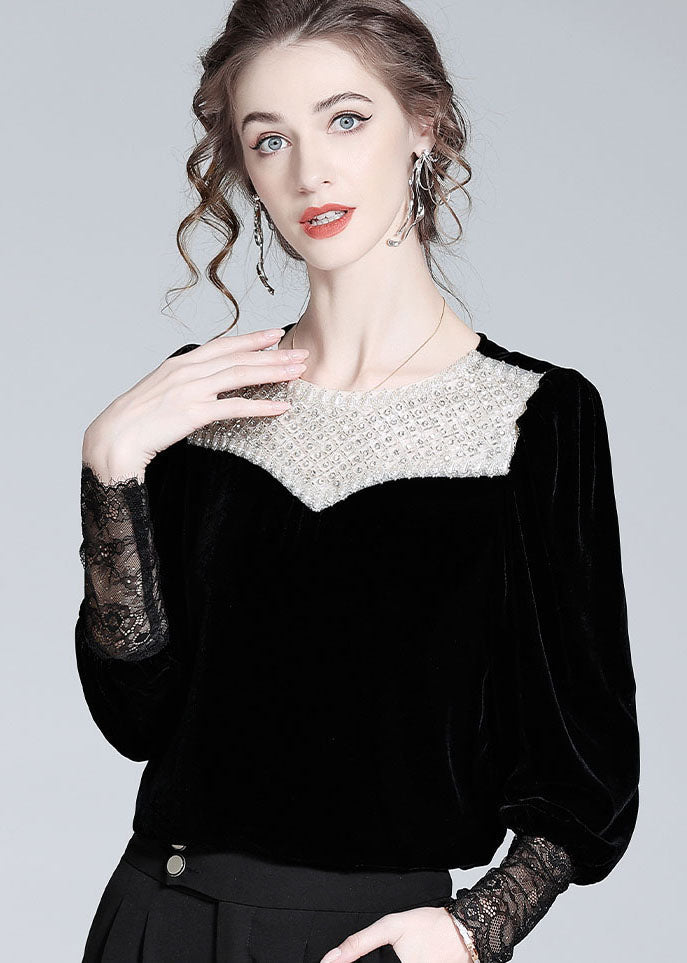 Boutique Black Nail Bead Lace Patchwork Silk Velour Blouse Top Spring LY1022 - fabuloryshop