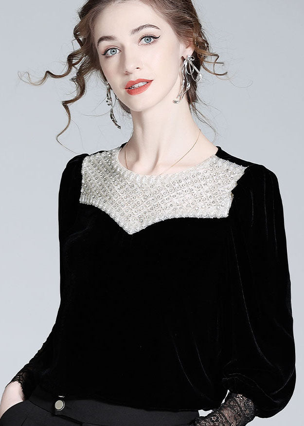 Boutique Black Nail Bead Lace Patchwork Silk Velour Blouse Top Spring LY1022 - fabuloryshop
