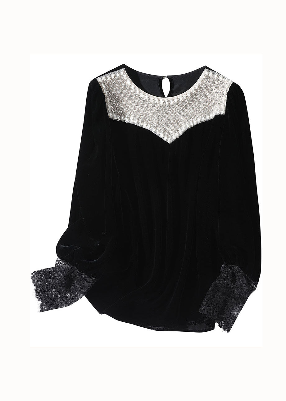 Boutique Black Nail Bead Lace Patchwork Silk Velour Blouse Top Spring LY1022 - fabuloryshop
