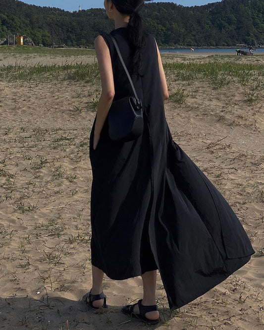 Boutique Black O-Neck Asymmetrical Patchwork Solid Maxi Dress Summer LY2184 - fabuloryshop