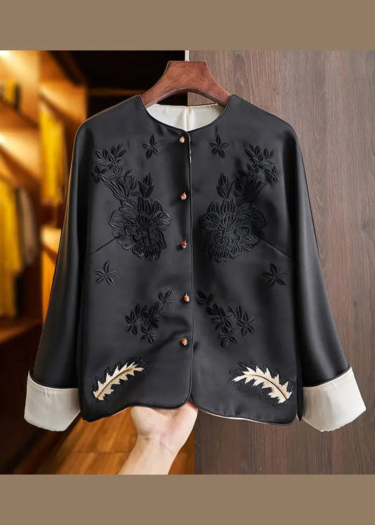 Boutique Black O-Neck Embroideried Patchwork Silk Coats Fall Ada Fashion