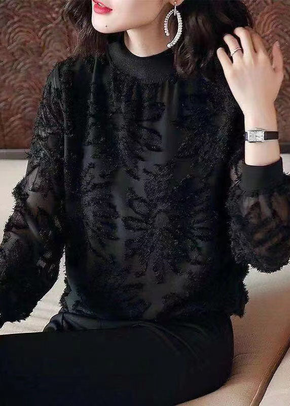 Boutique Black O Neck Jacquard Patchwork Chiffon Blouses Spring Ada Fashion