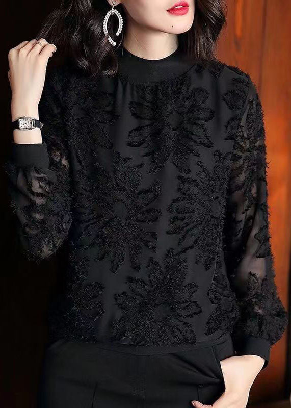 Boutique Black O Neck Jacquard Patchwork Chiffon Blouses Spring Ada Fashion