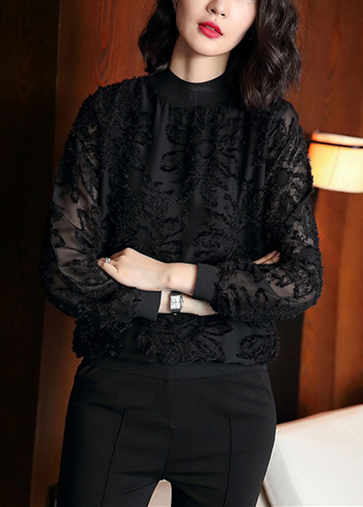 Boutique Black O Neck Jacquard Patchwork Chiffon Blouses Spring Ada Fashion