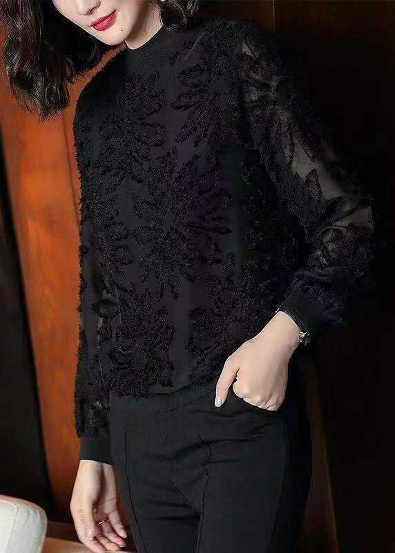 Boutique Black O Neck Jacquard Patchwork Chiffon Blouses Spring Ada Fashion