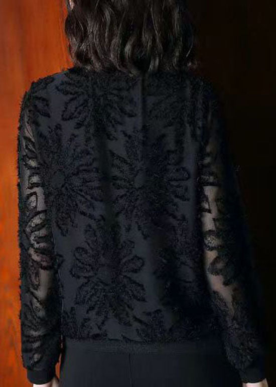 Boutique Black O Neck Jacquard Patchwork Chiffon Blouses Spring Ada Fashion