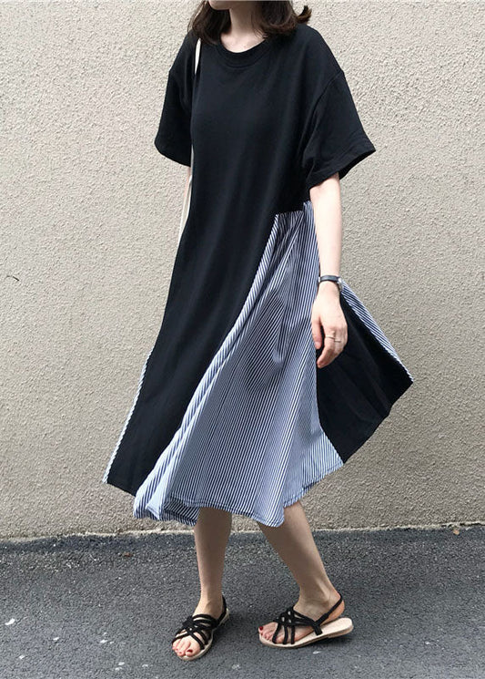 Boutique Black O Neck Patchwork False Two Pieces Cotton Dress Summer LY1330 - fabuloryshop