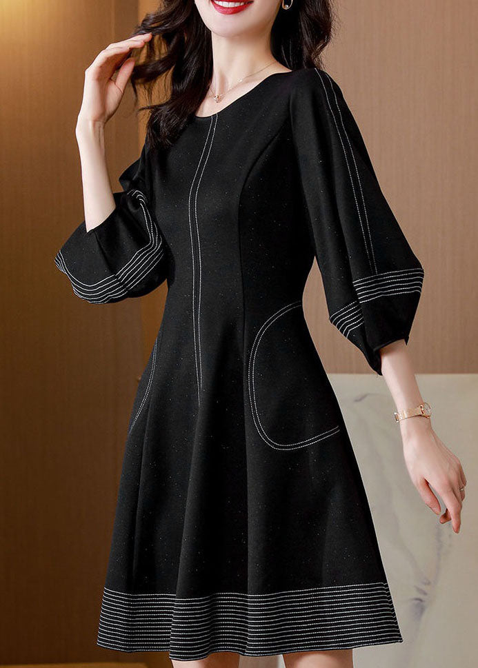 Boutique Black O Neck Patchwork Slim Cotton Dress Bracelet Sleeve LY4686 - fabuloryshop