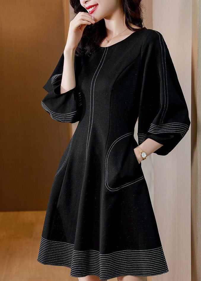 Boutique Black O Neck Patchwork Slim Cotton Dress Bracelet Sleeve LY4686 - fabuloryshop