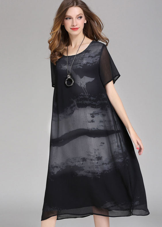 Boutique Black O Neck Print Patchwork Chiffon Dress Summer Ada Fashion
