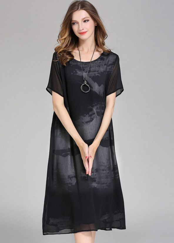 Boutique Black O Neck Print Patchwork Chiffon Dress Summer Ada Fashion