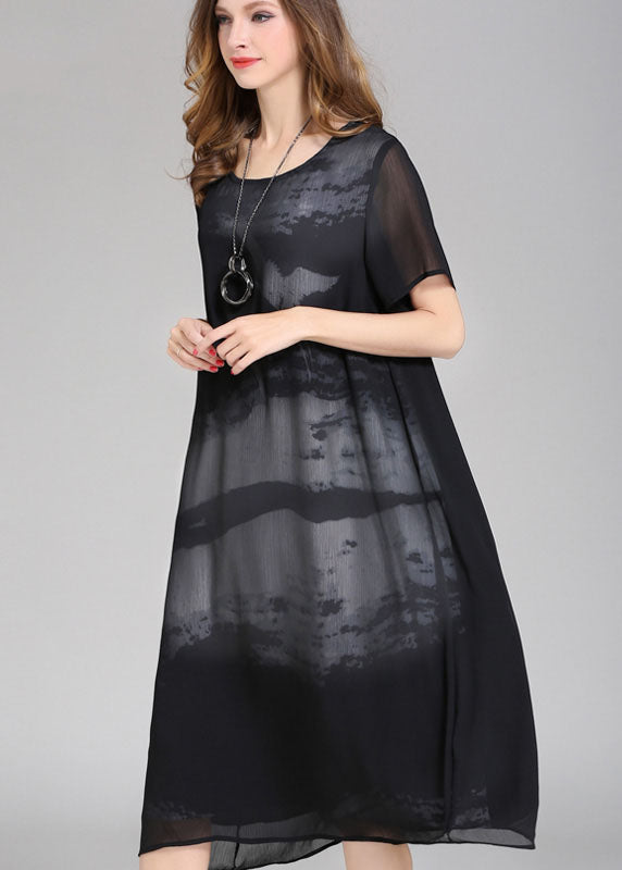 Boutique Black O Neck Print Patchwork Chiffon Dress Summer Ada Fashion