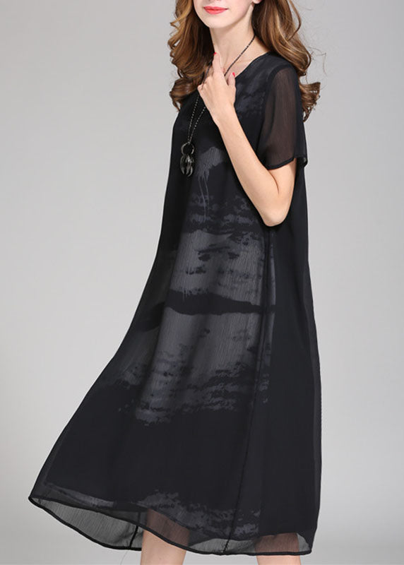 Boutique Black O Neck Print Patchwork Chiffon Dress Summer Ada Fashion