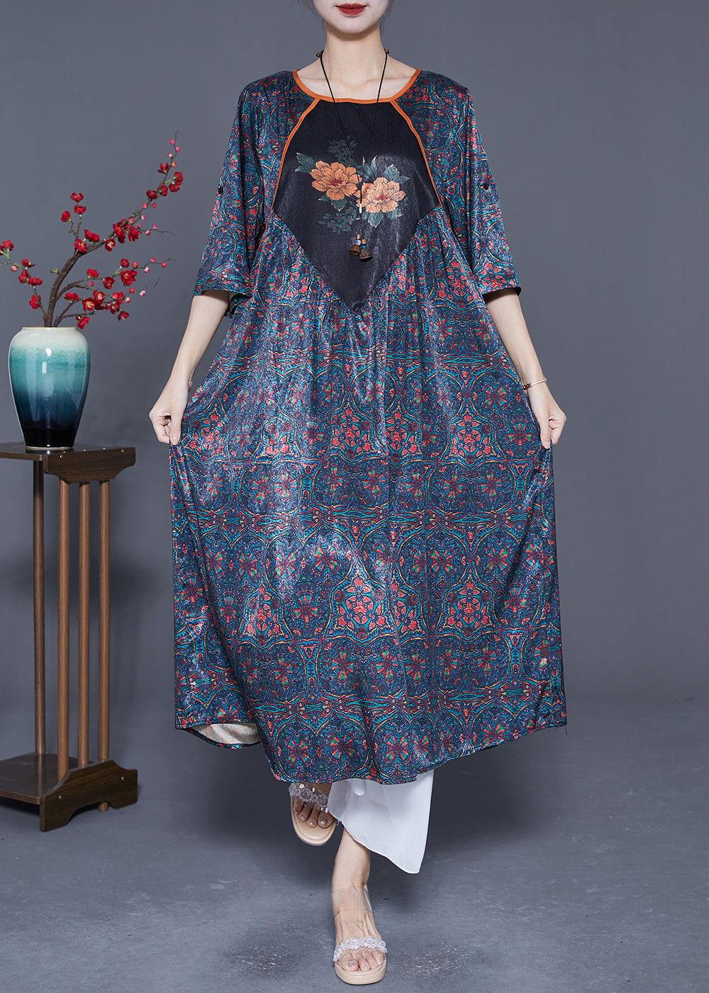 Boutique Black Oversized Patchwork Print Silk Dresses Summer LY5367 - fabuloryshop