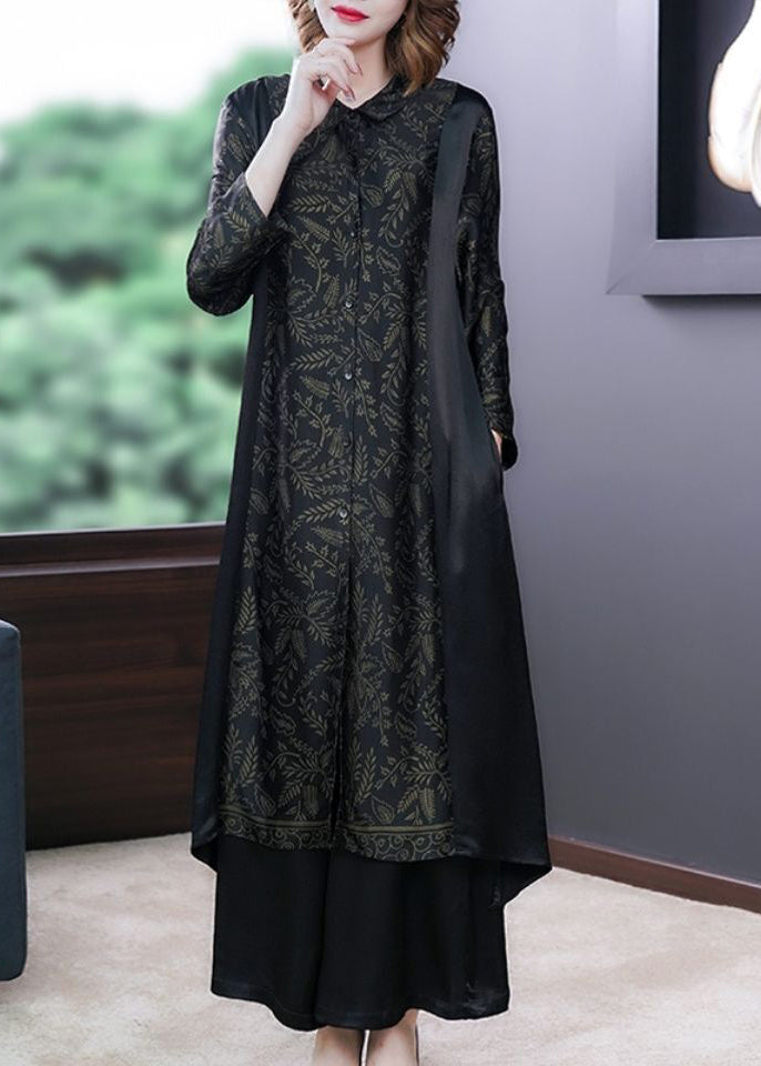 Boutique Black Oversized Patchwork Print Silk Shirt Dress Two Pieces Set Spring  LY3762 - fabuloryshop