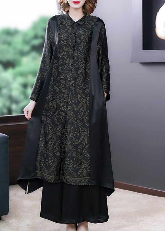 Boutique Black Oversized Patchwork Print Silk Shirt Dress Two Pieces Set Spring  LY3762 - fabuloryshop