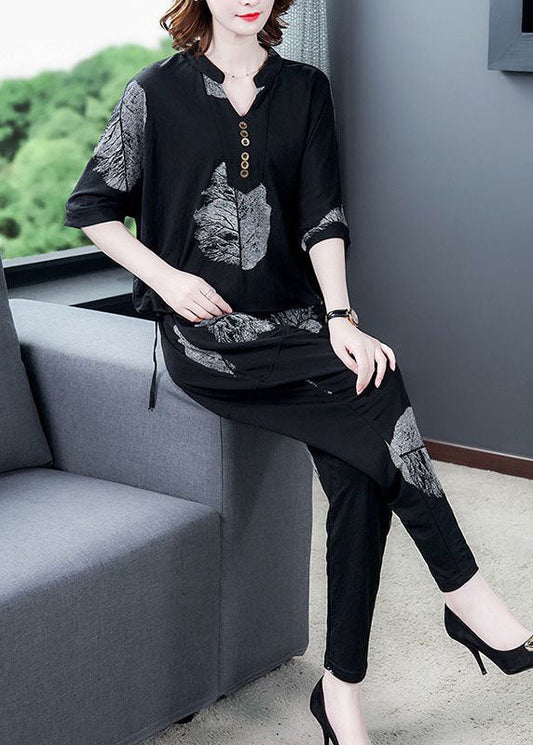 Boutique Black Oversized Print Cotton Two Pieces Set Summer TH1006 - fabuloryshop