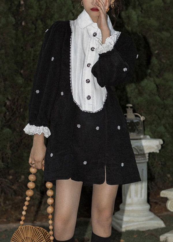 Boutique Black Peter Pan Collar Patchwork Corduroy Dresses Spring LY0767 - fabuloryshop