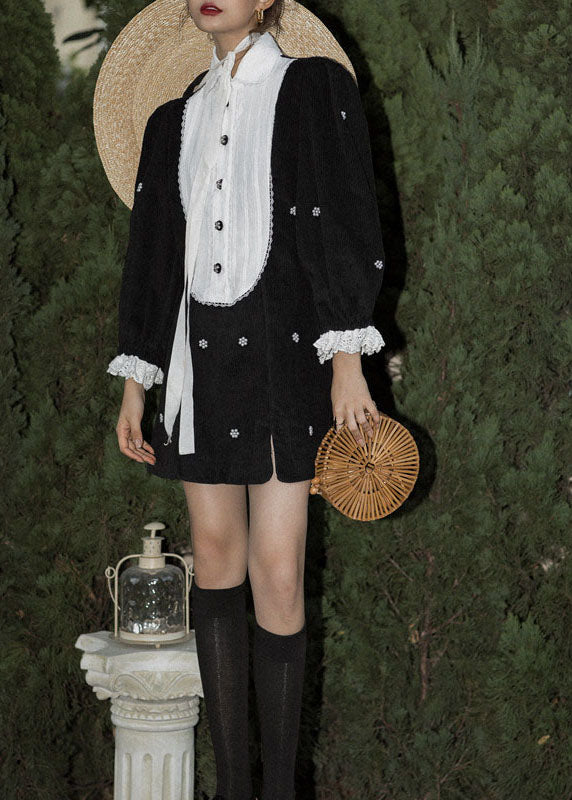 Boutique Black Peter Pan Collar Patchwork Corduroy Dresses Spring LY0767 - fabuloryshop