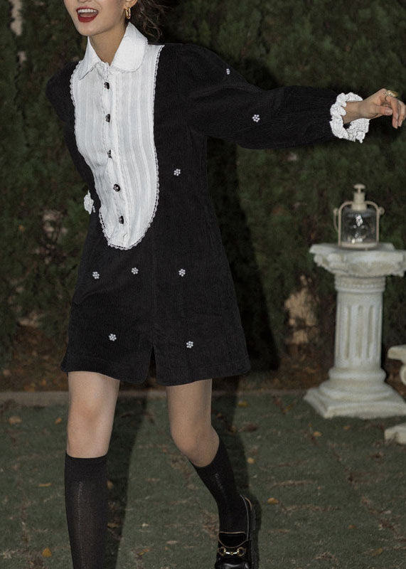 Boutique Black Peter Pan Collar Patchwork Corduroy Dresses Spring LY0767 - fabuloryshop