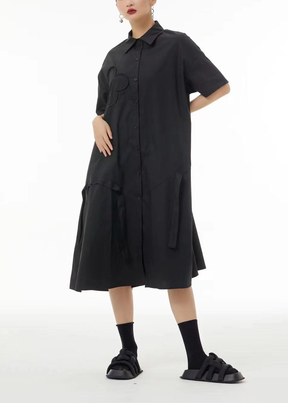 Boutique Black Peter Pan Collar Patchwork Cotton Long Dresses Summer TS1058