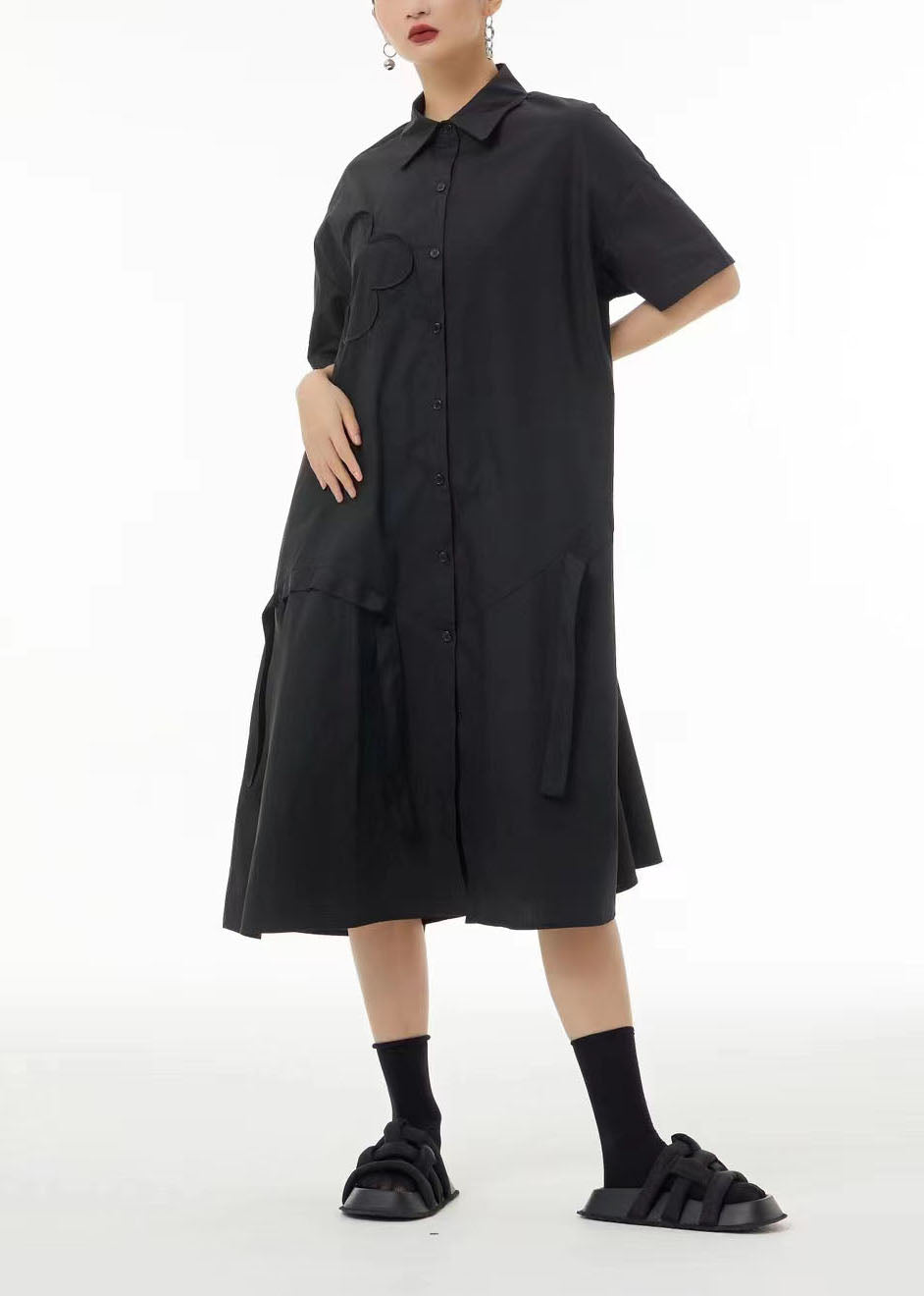 Boutique Black Peter Pan Collar Patchwork Cotton Long Dresses Summer TS1058