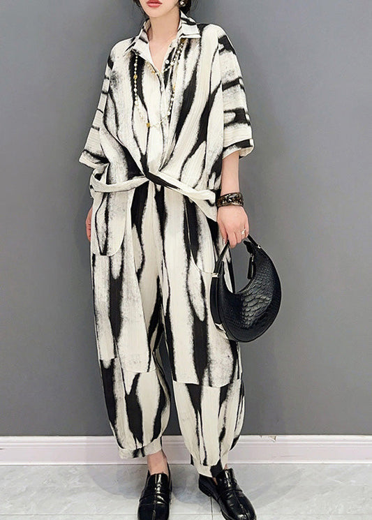 Boutique Black Peter Pan Collar Striped Patchwork Shirts And Lantern Pants Two Pieces Set Short Sleeve LY4345 - fabuloryshop